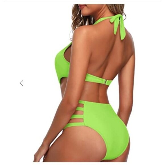 Women's M Cut Out One-Piece Halter Swimsuit Neon Green NWT - Picture 2 of 16